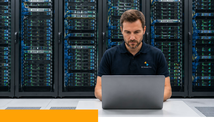 Binarity DevOps engineer working in a server room