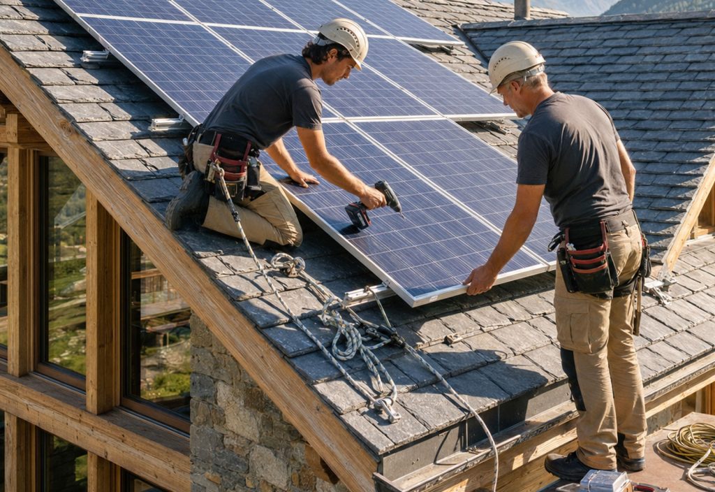 Workers installing solar panels on a house roof