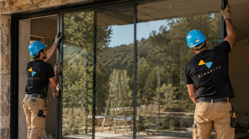 Binarity workers installing new energy-efficient windows