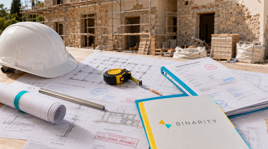 Construction drawings, hard hat, and Binarity project folder on a desk